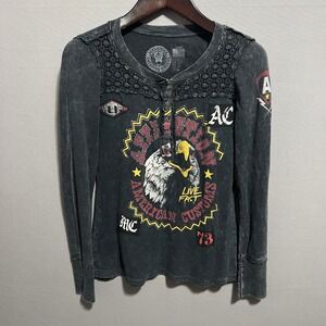 Affliction‎ American Customs Henley Thermal Long Sleeve Eagle Graphic Gray Large